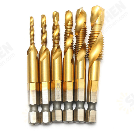 6pcs M3-M10 Hexagon Shank Drill Tap Bit Titanium Plated HSS 6542 Deburr Countersink Bits Screw Thread Metric Tap 6pcs M3-M10 Hexagon Shank Drill Tap Bit Titanium Plated HSS 6542 Deburr Countersink Bits Screw Thread Metric Tap