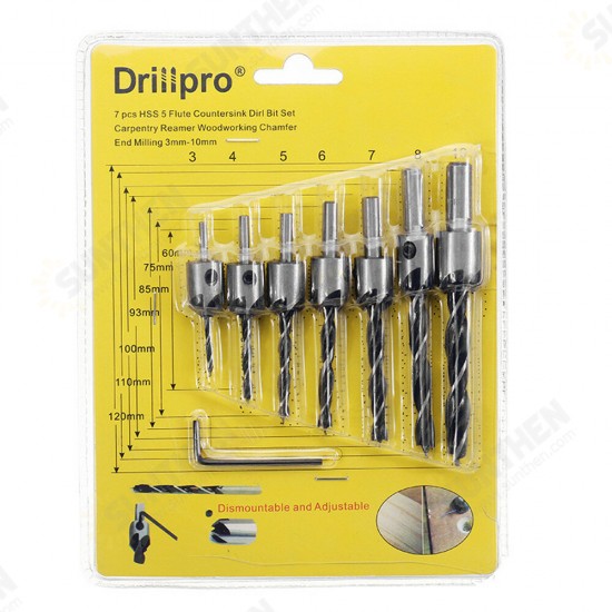 7pcs HSS 5 Flute Countersink Drill Bit Set Reamer Woodworking 3-10mm Chamfer Drill Bits 7pcs HSS 5 Flute Countersink Drill Bit Set Reamer Woodworking 3-10mm Chamfer Drill Bits