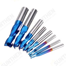 8PCS HRC55 Blue Nano Tungsten Carbide 2 Flute End Mill Set R1-R6 CNC Router Bits for Metal Wood Stainless Steel Aluminum Copper Plastic Acrylic