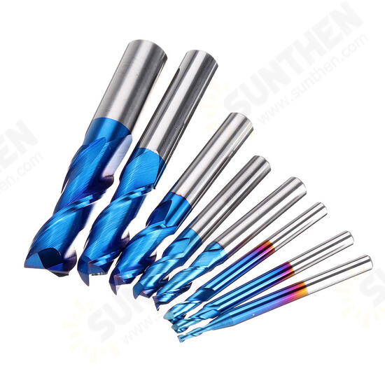 8PCS HRC55 Blue Nano Tungsten Carbide 2 Flute End Mill Set R1-R6 CNC Router Bits for Metal Wood Stainless Steel Aluminum Copper Plastic Acrylic 8PCS HRC55 Blue Nano Tungsten Carbide 2 Flute End Mill Set R1-R6 CNC Router Bits for Metal Wood Stainless Steel Aluminum Copper Plastic Acrylic