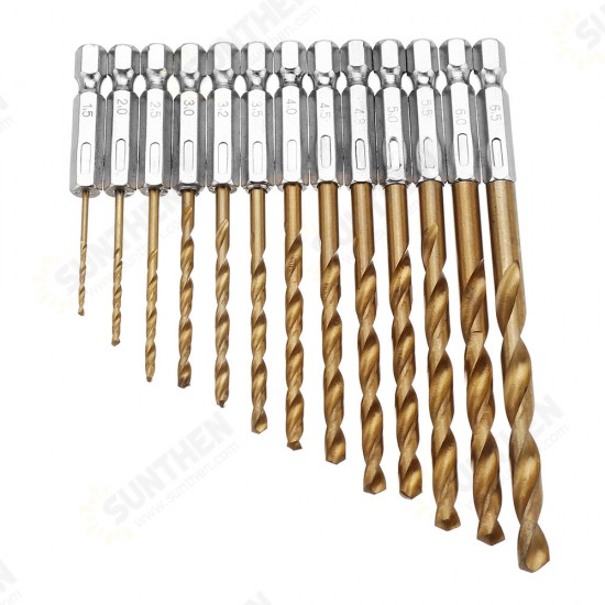 DB-T2 13pcs 1.5-6.5mm HSS Titanium Coated 1/4 Inch Hex Shank Twist Drill Bit Set