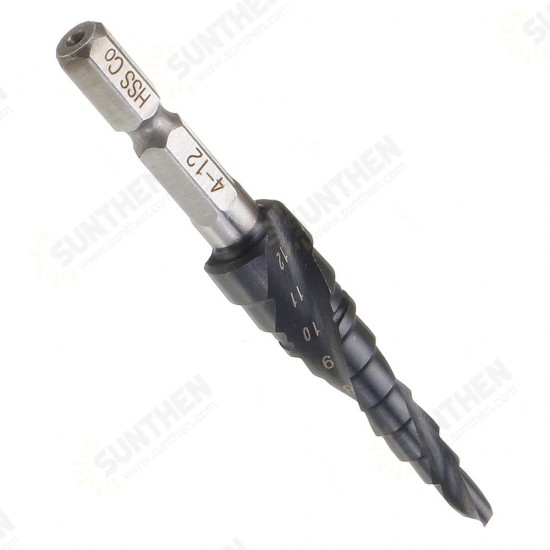 HRC89 M35 Cobalt Step Drill Bit 3-12/4-12/4-20mm TiAlN Coated Step Drill 1/4 Inch Hex Shank HRC89 M35 Cobalt Step Drill Bit 3-12/4-12/4-20mm TiAlN Coated Step Drill 1/4 Inch Hex Shank