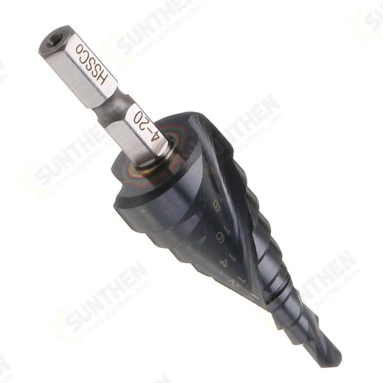 HRC89 M35 Cobalt Step Drill Bit 3-12/4-12/4-20mm TiAlN Coated Step Drill 1/4 Inch Hex Shank HRC89 M35 Cobalt Step Drill Bit 3-12/4-12/4-20mm TiAlN Coated Step Drill 1/4 Inch Hex Shank