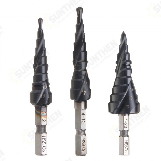 HRC89 M35 Cobalt Step Drill Bit 3-12/4-12/4-20mm TiAlN Coated Step Drill 1/4 Inch Hex Shank HRC89 M35 Cobalt Step Drill Bit 3-12/4-12/4-20mm TiAlN Coated Step Drill 1/4 Inch Hex Shank