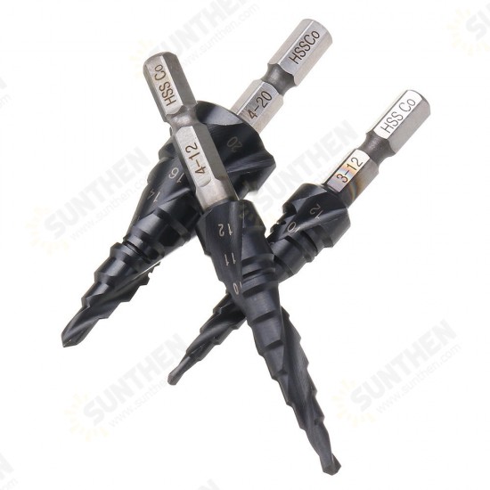 HRC89 M35 Cobalt Step Drill Bit 3-12/4-12/4-20mm TiAlN Coated Step Drill 1/4 Inch Hex Shank HRC89 M35 Cobalt Step Drill Bit 3-12/4-12/4-20mm TiAlN Coated Step Drill 1/4 Inch Hex Shank