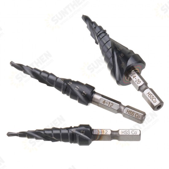HRC89 M35 Cobalt Step Drill Bit 3-12/4-12/4-20mm TiAlN Coated Step Drill 1/4 Inch Hex Shank HRC89 M35 Cobalt Step Drill Bit 3-12/4-12/4-20mm TiAlN Coated Step Drill 1/4 Inch Hex Shank