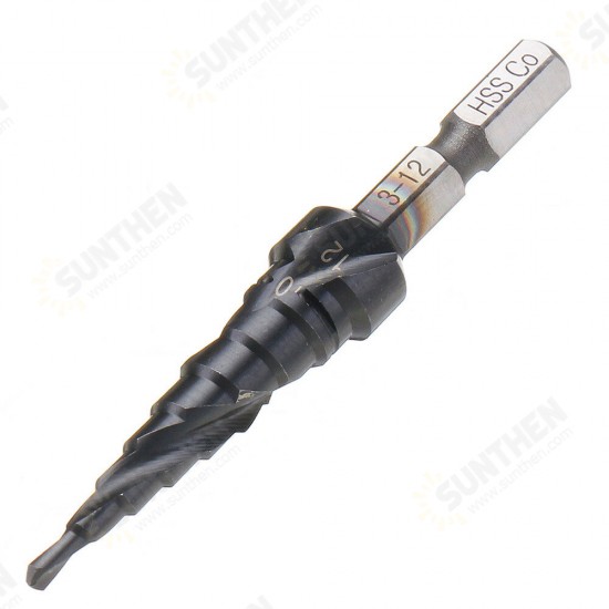 HRC89 M35 Cobalt Step Drill Bit 3-12/4-12/4-20mm TiAlN Coated Step Drill 1/4 Inch Hex Shank HRC89 M35 Cobalt Step Drill Bit 3-12/4-12/4-20mm TiAlN Coated Step Drill 1/4 Inch Hex Shank