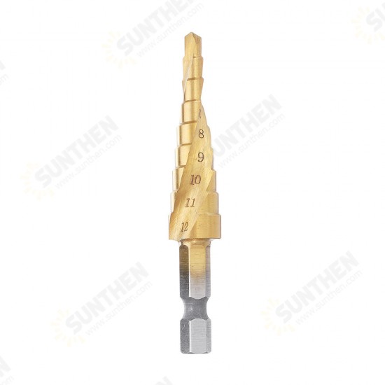 HSS 4-12mm Spiral Grooved Step Drill Bit Titanium Coated Step Cone Drill Bit