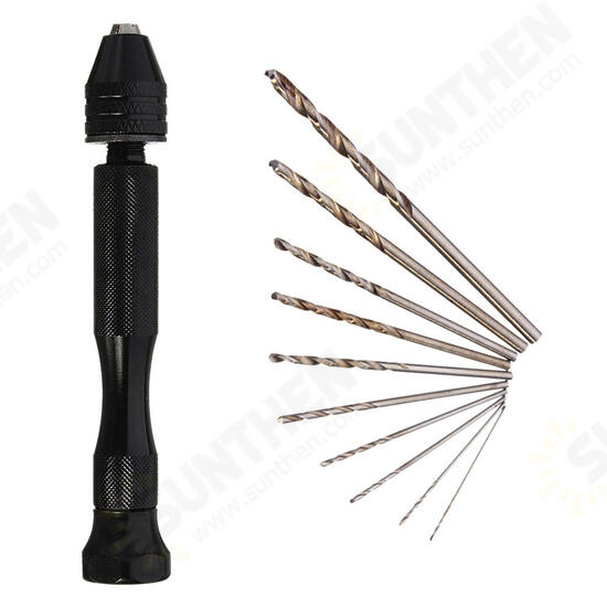 Mini Aluminum Hand Drill with Keyless Chuck and 10pcs Twist Drills Rotary Tool