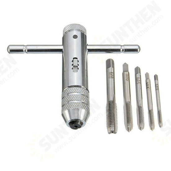 T Handle Ratchet Tap Wrench with 5pcs M3-M8 Machine Screw Thread Metric Plug Tap