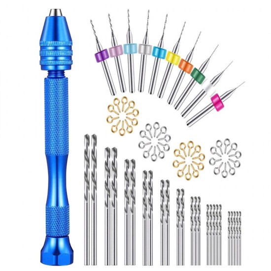 Hand Drill with 25pcs Twist Drill Bits and 10pcs 0.3-1.2mm PCB Drill 40pcs Claw Nails Handle Clamp for Craft CarvingDIY
