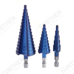 Upgrade 3Pcs 1/4 Inch Hex Shank Blue Nano Coated Step Drill Bit Set 4-12/4-12/4-32mm Upgrade 3Pcs 1/4 Inch Hex Shank Blue Nano Coated Step Drill Bit Set 4-12/4-12/4-32mm