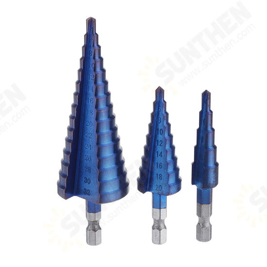 Upgrade 3Pcs 1/4 Inch Hex Shank Blue Nano Coated Step Drill Bit Set 4-12/4-12/4-32mm