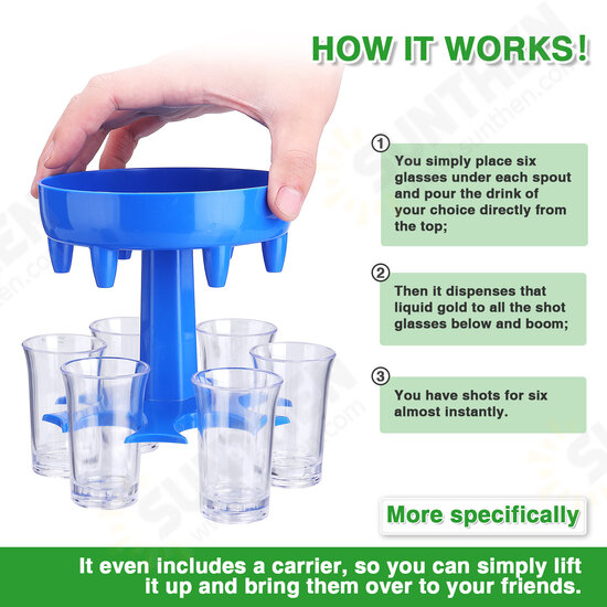 6 Shot Glass Dispenser with 6 Cups Hanging Holder Stand Rack Carrier Caddy Liquor Dispenser Gifts Drinking Games for Bar Home Cocktail Par