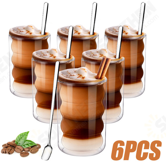 Latte Macchiato Glasses Double-Walled 350 ml Set of 6 Thermal Glass Made of Borosilicate Glass, Espresso Cups, Coffee Cups, Drinking Glasses, Capuccino Cups, Ice Cream Glass with 6 Spoons and 6 Coasters