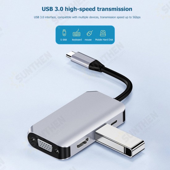 4 in 1 Type-C Hub Docking Station Adapter with USB 3.0 / PD Fast Charger / HDMI / VGA for MacBook Smartphone Televisions Projectors