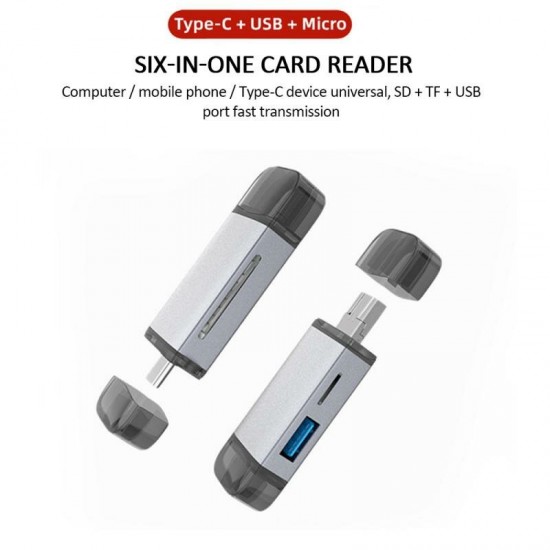 6 in 1 Multifunction Card Reader USB 3.0 10Gbps High-speed Type-C / Micro-USB / SD / TF Aluminium Alloy Card Reader OTG Hub Adapter for Smart Phone Laptop