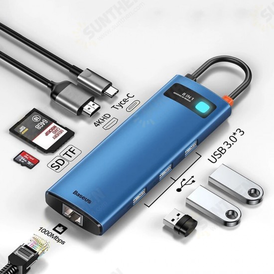 Multifunctional 8-IN-1 Type-C Hub Docking Station Adapter with RJ45 Gigabit Ethernet Port + Indicator Light 100W PD Fast Charging + 4K HDMI + 3*USB3.0 + SD/ TF Card Reader Slot