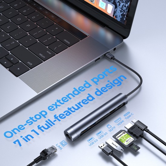 7 In 1 Type-C Hub Docking Station Adapter with 2*USB3.0 + PD Fast Charging + SD/ TF Card Slot + HDMI + Gigabit Network Port