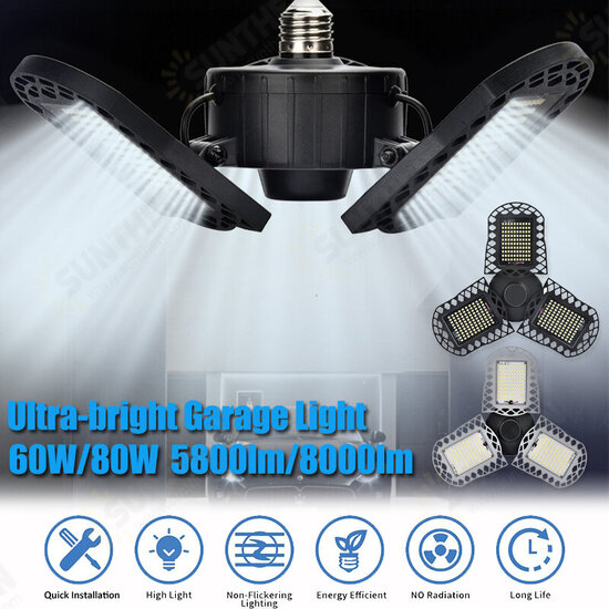 15/60/80W 96/300LED Deformable Garage Ultra-Bright Lights Ceiling Light Adjustable E26/E27 LED Work Bulbs with 2/3 Leaves Die-cast Aluminum/Plastic