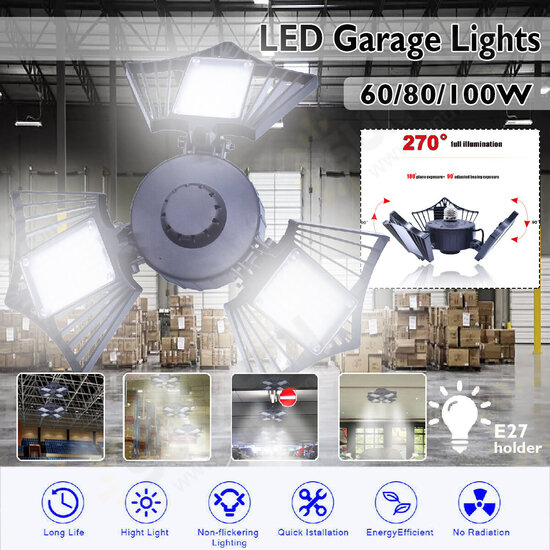 60/80/100W LED Garage Lights Deformable Ceiling Fixture Workshop Shop Three-Leaf