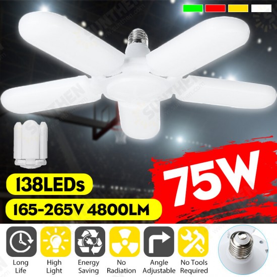 75W E27 5 Blades LED Garage Light Deformable Ceiling Fixture Workshop Lamp Bulb AC165-265V