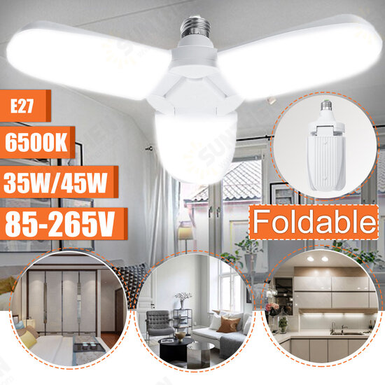 AC85-265V 35W/45W E27 Deformable LED Garage Light Foldable Fan Three-Blade Ceiling Workshop Lamp Bulb