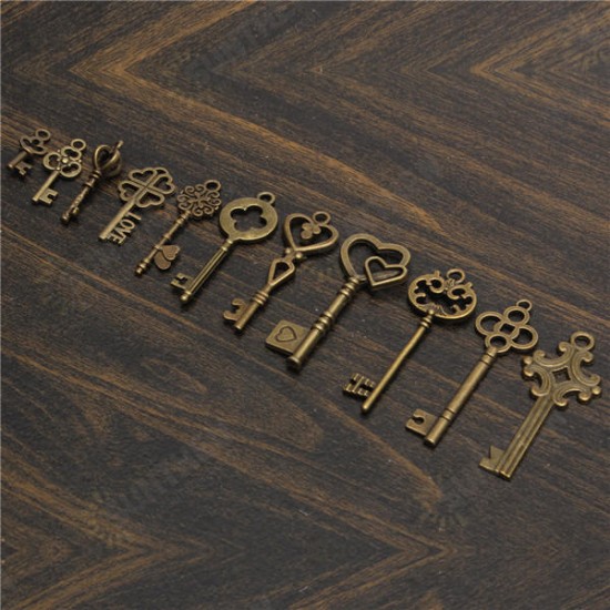 11Pcs Antique Vintage Old Look Skeleton Key Set Pendant Heart Bow Steampunk Lock