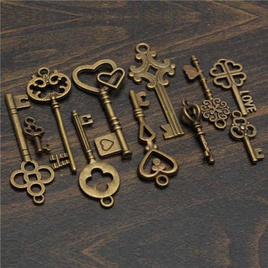 11Pcs Antique Vintage Old Look Skeleton Key Set Pendant Heart Bow Steampunk Lock