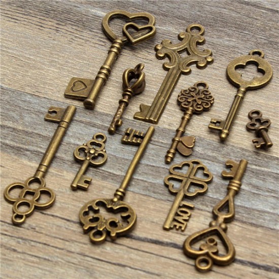 11Pcs Antique Vintage Old Look Skeleton Key Set Pendant Heart Bow Steampunk Lock