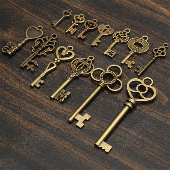 13pcs Antique Vintage Old Look Skeleton Key Lot Set Pendant Heart Bow Lock Steampunk Jewel