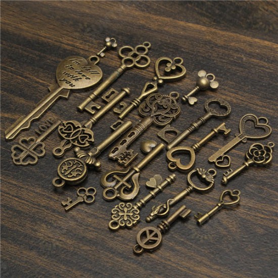 19Pcs Antique Vintage Old Look Skeleton Key Set Lot Pendant Heart Bow Lock Steampunk Jewel