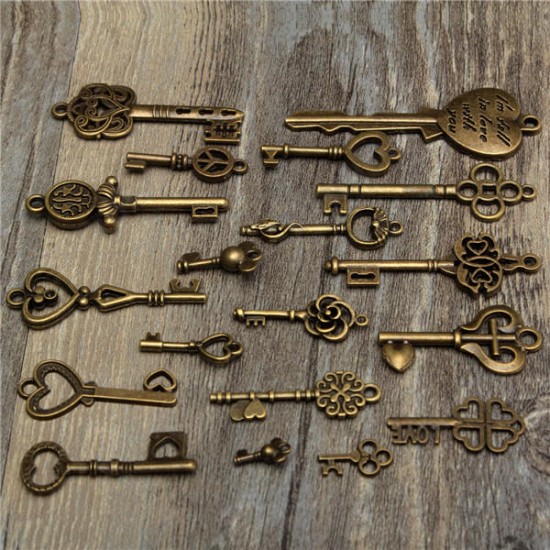 19Pcs Antique Vintage Old Look Skeleton Key Set Lot Pendant Heart Bow Lock Steampunk Jewel