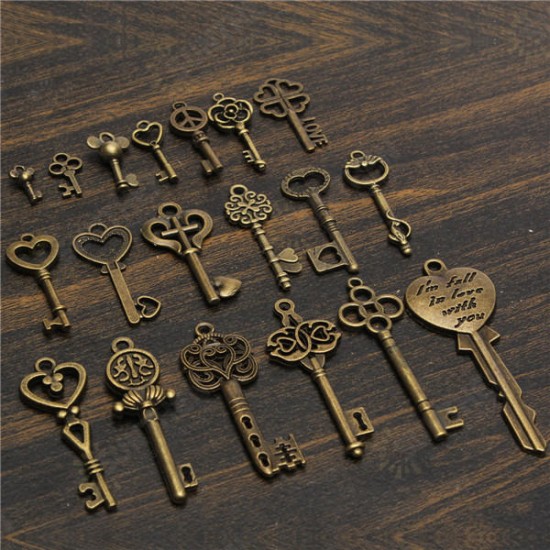 19Pcs Antique Vintage Old Look Skeleton Key Set Lot Pendant Heart Bow Lock Steampunk Jewel