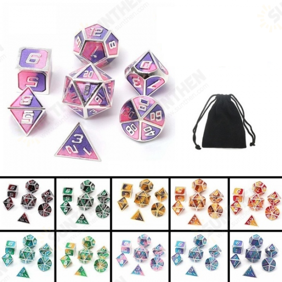 7Pcs Mixed Color Polyhedral Dice Metal RPG Dices Set with Velvet Bag Dungeons and Dragon Black Table Games Zinc Alloy Math Teaching