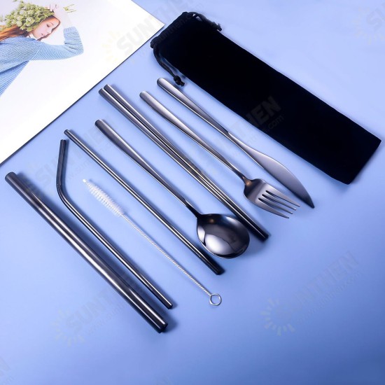 9pcs Titanium-Plated 304 Stainless Steel Cutlery Set Knife Fork Spoon Chopsticks Straw Set