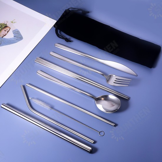 9pcs Titanium-Plated 304 Stainless Steel Cutlery Set Knife Fork Spoon Chopsticks Straw Set