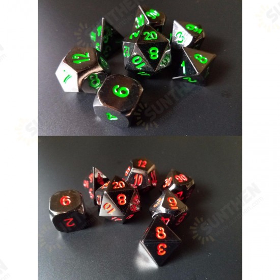 New Metal Polyhedral Dice with Bag Green Red 7 Piece Metal Set DnD RPG