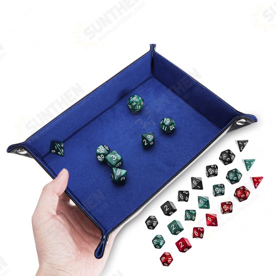 Portable Fold Dice Tray PU Leather with 7 Polyhedral Dice for Tabletop Dice Games