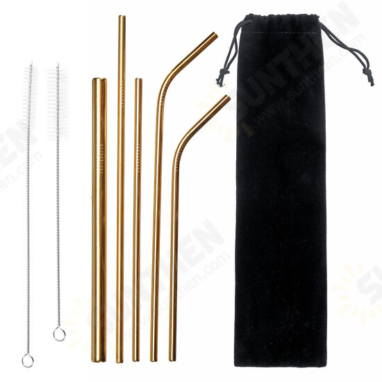 Portable Metal Straw Set 304 Stainless Steel Straws Reusable Metal Drinking Straws With Cleaning Brushes Pounch