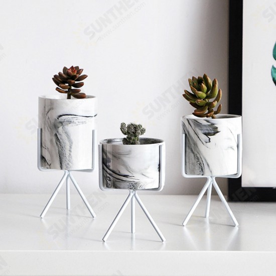 S/M/L Nordic Style Flower Pot Iron Wire Metal Rack Marble Ceramic Succulent Plant Pot Cactus Decoration Basin with Stand