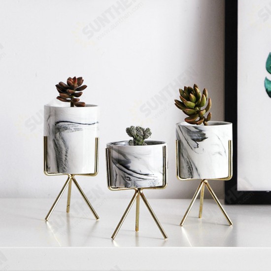 S/M/L Nordic Style Flower Pot Iron Wire Metal Rack Marble Ceramic Succulent Plant Pot Cactus Decoration Basin with Stand