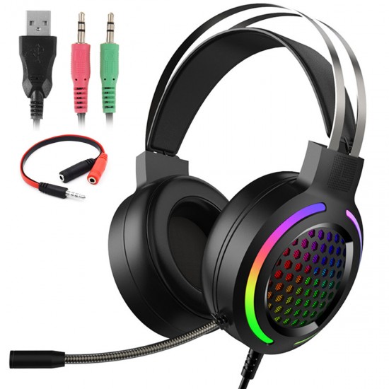 USB + 3.5mm Stereo Gaming Headsets Noise Cancelling Surround Sound Headphone with LED Light Microphone for Tablet PC Laptop