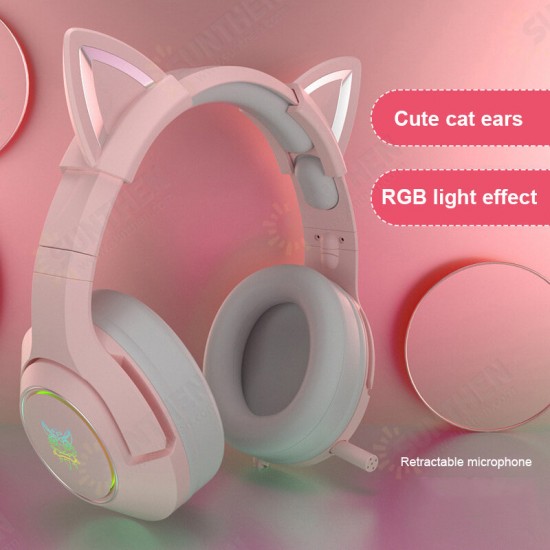 Wired Headphones Stereo Dynamic Drivers Noise Reduction Headset 3.5MM RGB Luminous Pink Cat Ear Adjustable Over-Ear Gaming Headphones with Mic