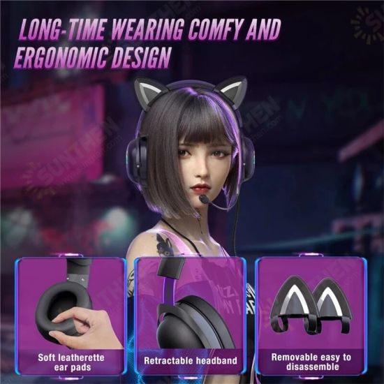 X11 Wired Headset Stereo Gaming Headphone Cat Ear Cute RGB Luminous 3.5mm Wired Adjustable Over-Ear Headphone with Mic