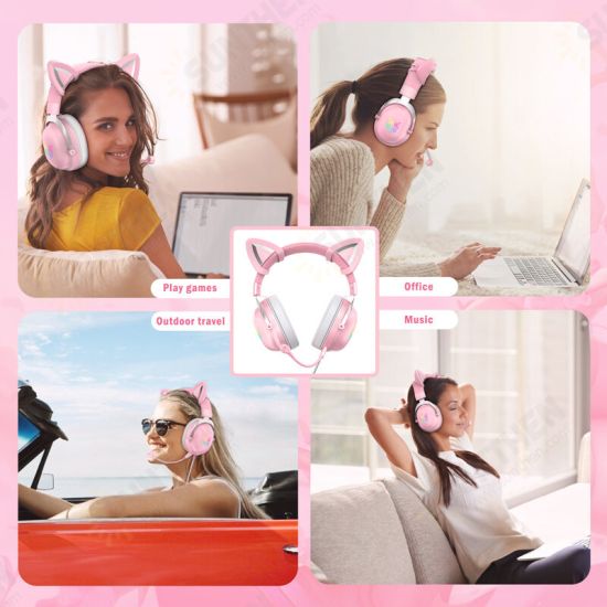 X11 Wired Headset Stereo Gaming Headphone Cat Ear Cute RGB Luminous 3.5mm Wired Adjustable Over-Ear Headphone with Mic