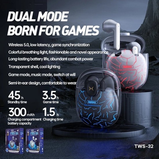 TWS-32 bluetooth 5.0 Earbuds Headset 30MS Ultra-Low Latency Gaming Cool Lighting Stereo Sound Music Game Dual Mode Earphones with Mic