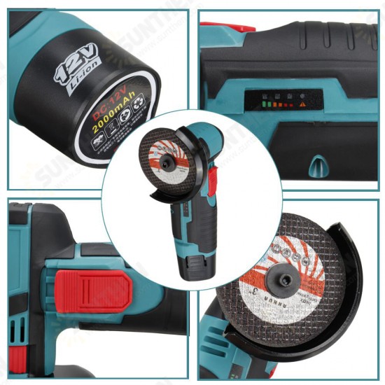 2000RPM 500W 12V Professional Compact Angle Grinder Metal Cutting Polishing Tool W/ 1/2PCS Battery