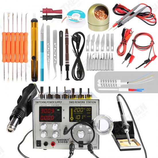 9305D 4 in 1 Hot Air Rework Station + Soldering Iron Station + 30V 5A DC Power Supply