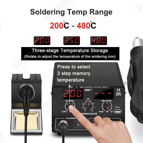 886D 220V 750W Digital 2 in 1 Rework Station Soldering Iron Hot Air Heat PCB Preheater Tool with 2A 5V USB Port 886D 220V 750W Digital 2 in 1 Rework Station Soldering Iron Hot Air Heat PCB Preheater Tool with 2A 5V USB Port